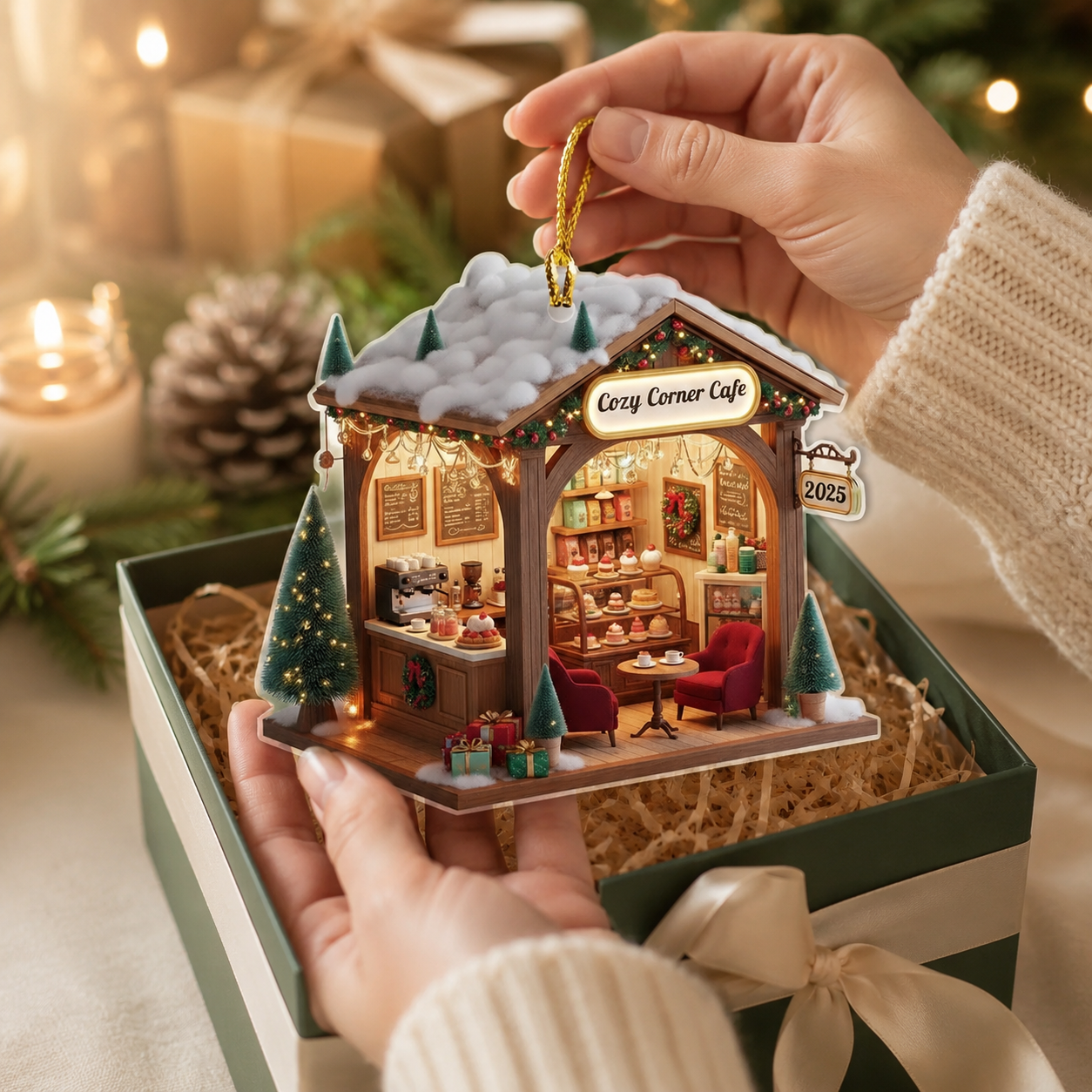 Pesonalized Name Miniature Christmas Village Bakery Ornament, Floral Cafe Tree Decoration