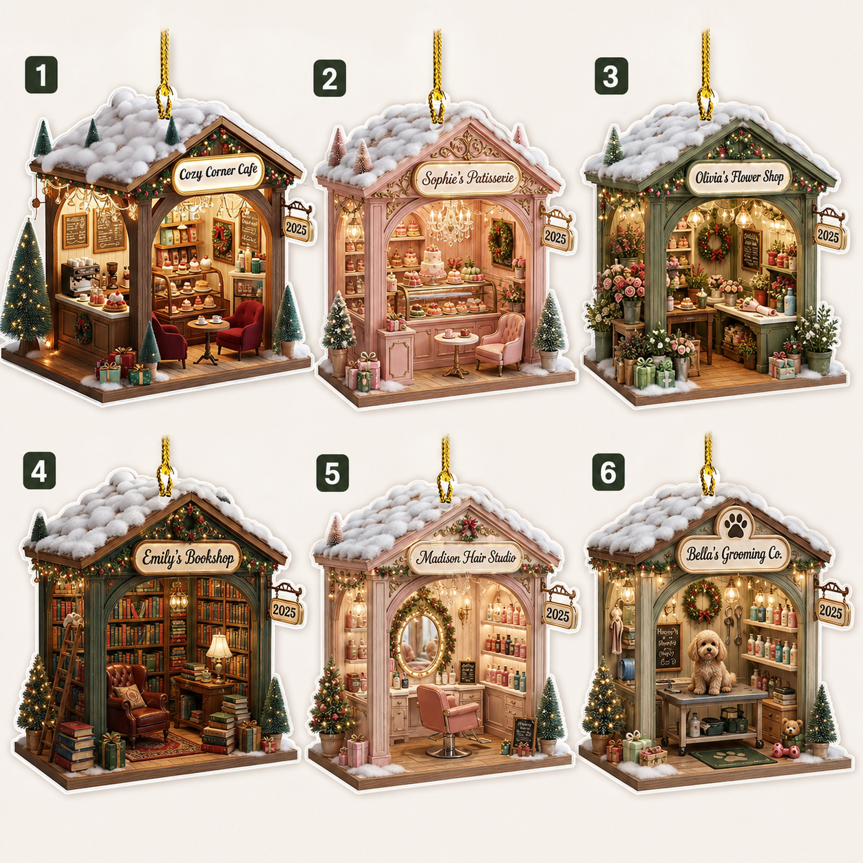 Pesonalized Name Miniature Christmas Village Bakery Ornament, Floral Cafe Tree Decoration