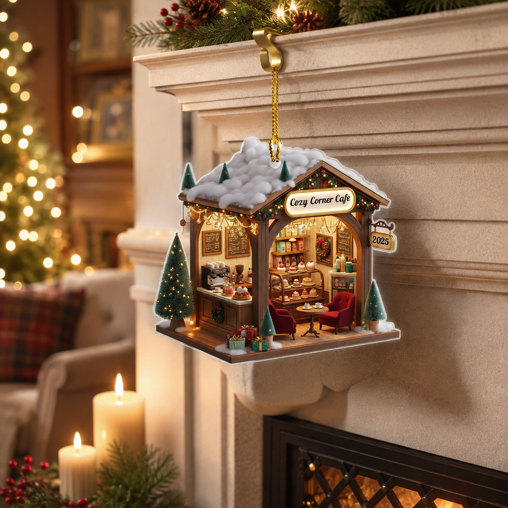 Pesonalized Name Miniature Christmas Village Bakery Ornament, Floral Cafe Tree Decoration