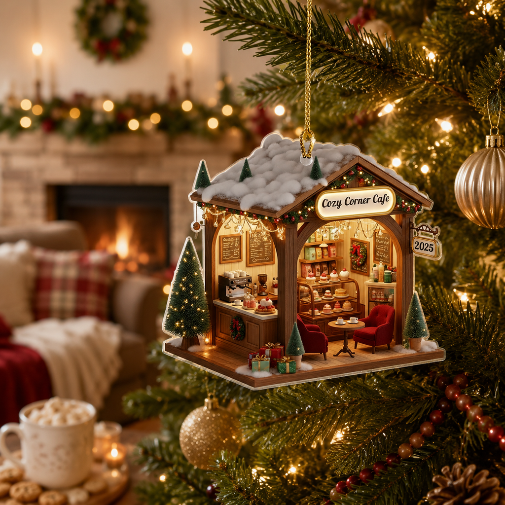 Pesonalized Name Miniature Christmas Village Bakery Ornament, Floral Cafe Tree Decoration