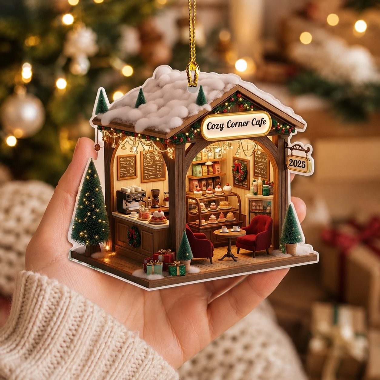 Pesonalized Name Miniature Christmas Village Bakery Ornament, Floral Cafe Tree Decoration