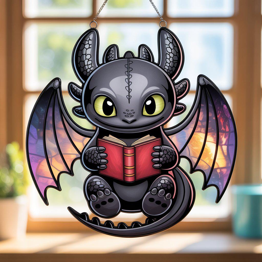 Dragon Reading Book Suncatcher: Faux Stained Glass Acrylic Window Hanging - product image 3