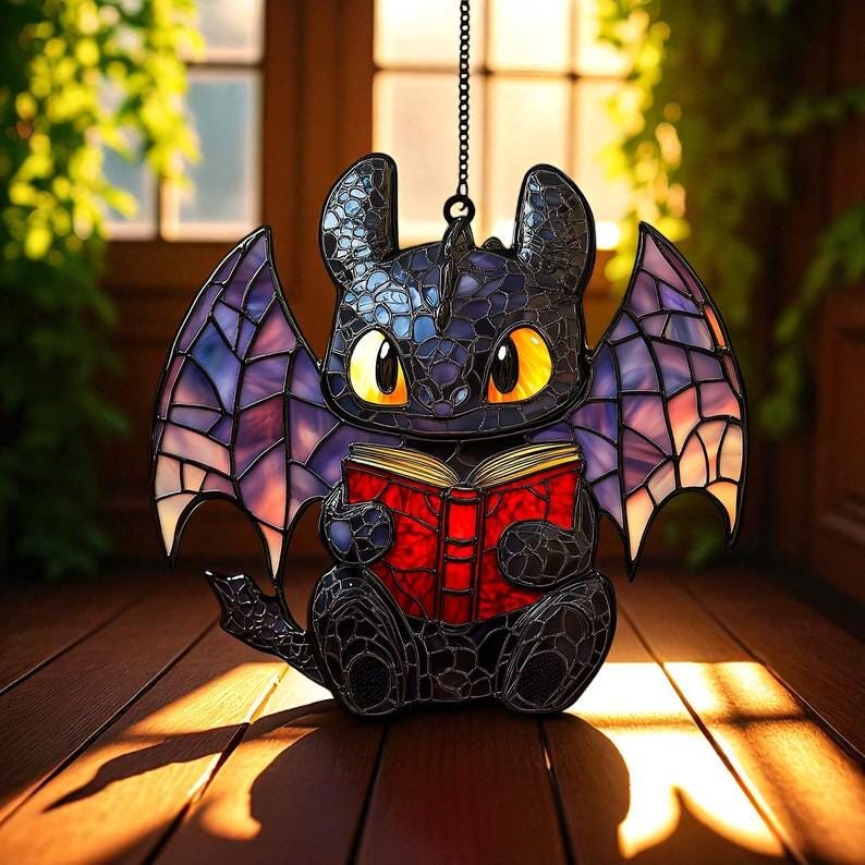 Dragon Reading Book Suncatcher: Faux Stained Glass Acrylic Window Hanging - product image 1