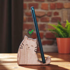 Hand-Carved Wooden Cat Figurine: Rustic Phone/Tablet Stand – main product view