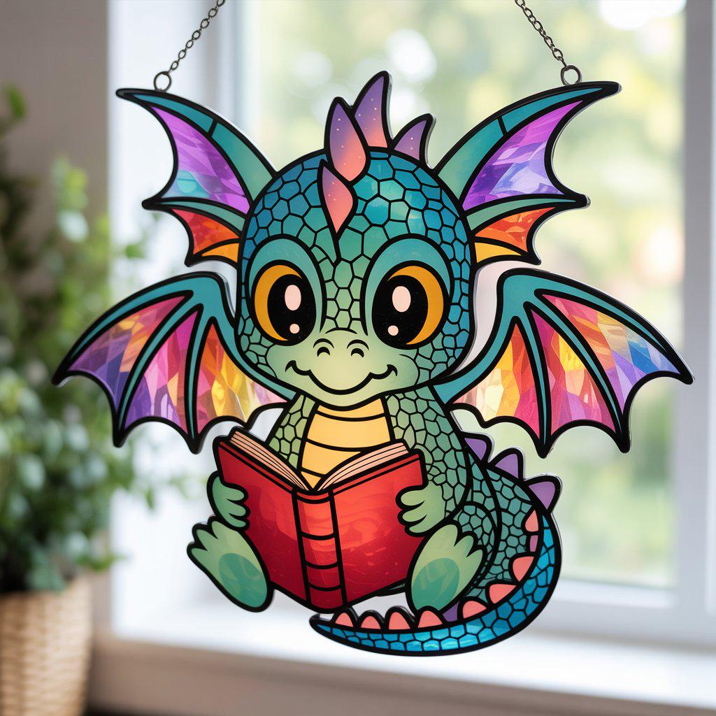 Dragon Reading Book Suncatcher: Faux Stained Glass Acrylic Window Hanging - product image 2