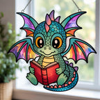 Dragon Reading Book Suncatcher: Faux Stained Glass Acrylic Window Hanging – product photo 2