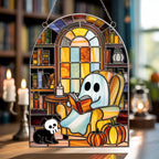 Ghost Reading Book Acrylic Suncatcher: Spooky Halloween Window Hanging – main product view