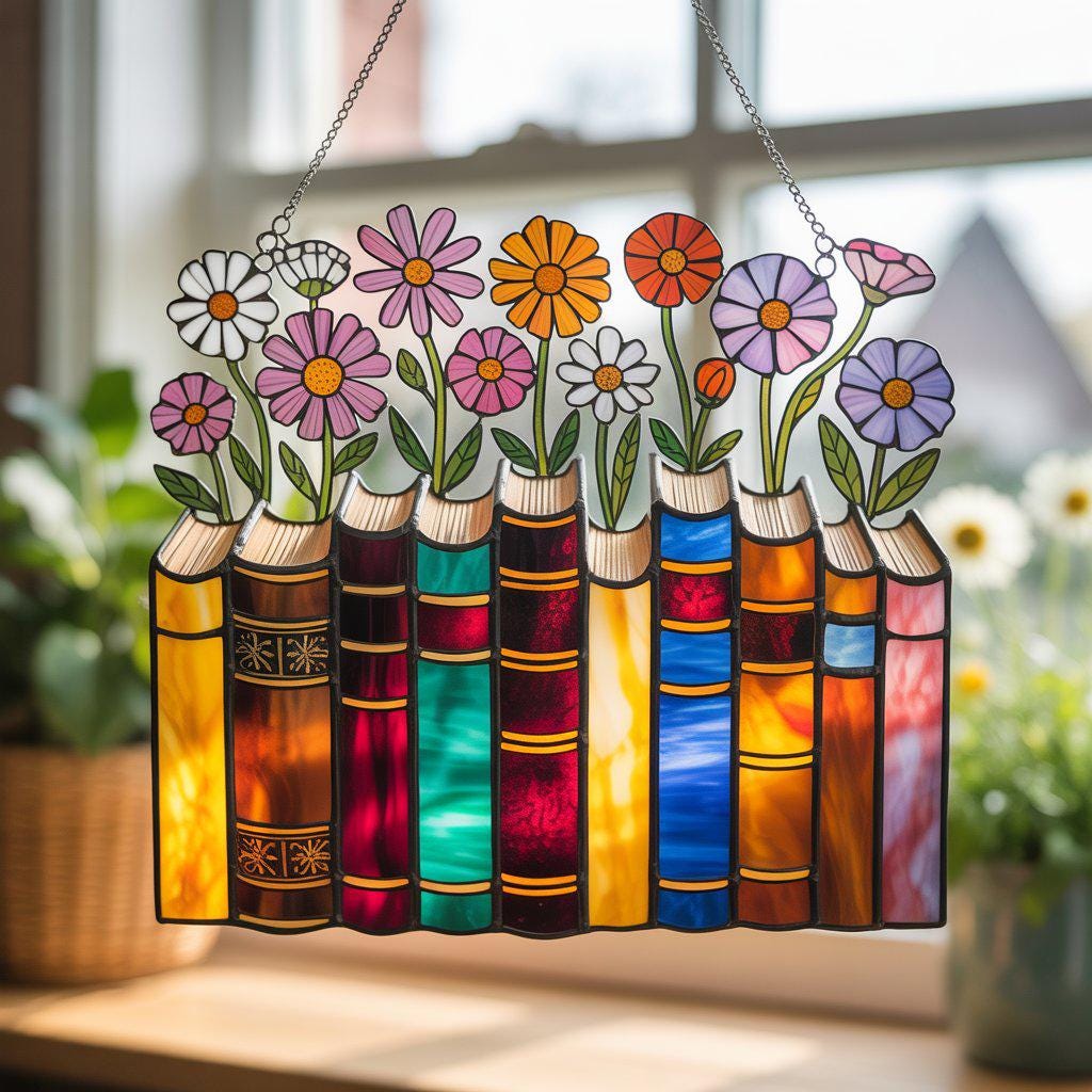 Flower Book Suncatcher: Custom Acrylic Window Hanging, Book Lover Gift - product image 1