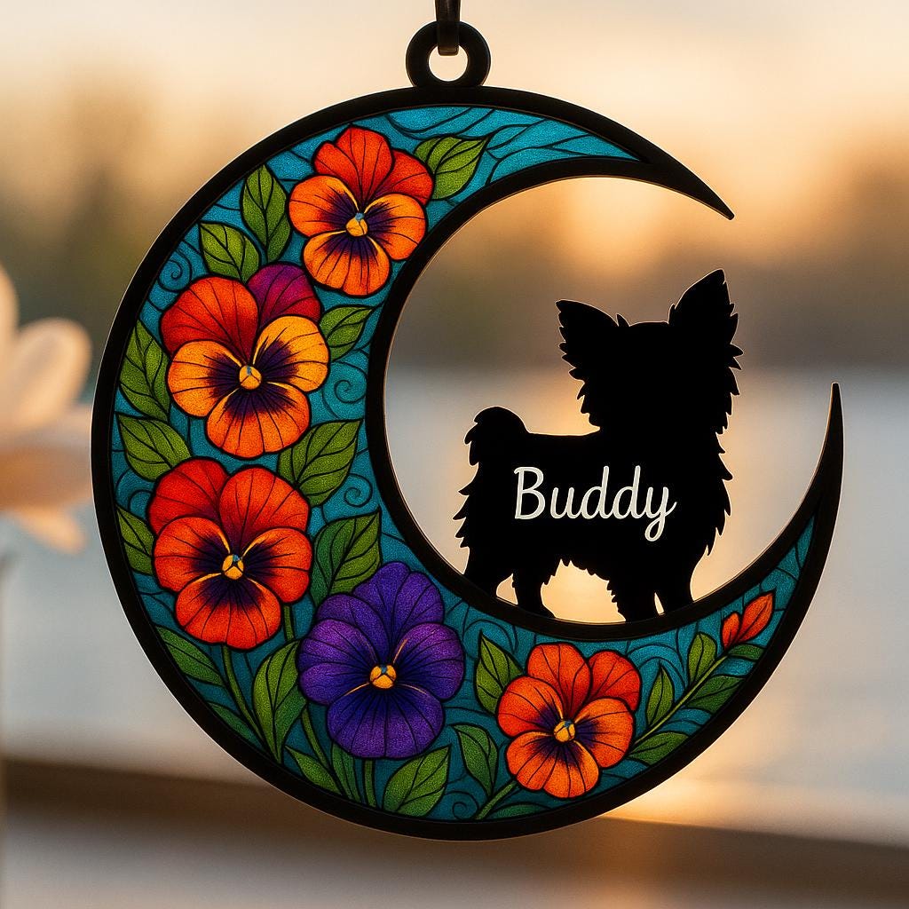 Personalized Dog Memorial Suncatcher: Crescent Moon Stained Glass Style Pet Loss Remembrance - product image 2