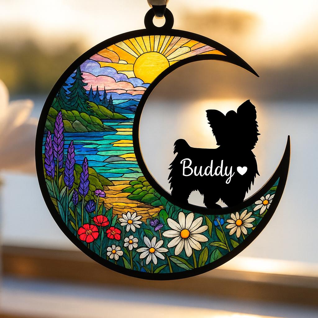 Personalized Dog Memorial Suncatcher: Crescent Moon Stained Glass Style Pet Loss Remembrance - product image 1