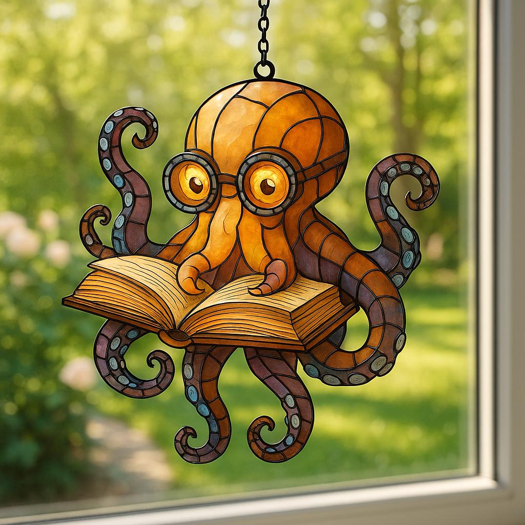 Reading Octopus Suncatcher: Nerdy Sea Creature with Book & Glasses - product image 2
