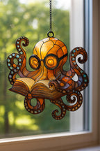 Reading Octopus Suncatcher: Nerdy Sea Creature with Book & Glasses – main product view