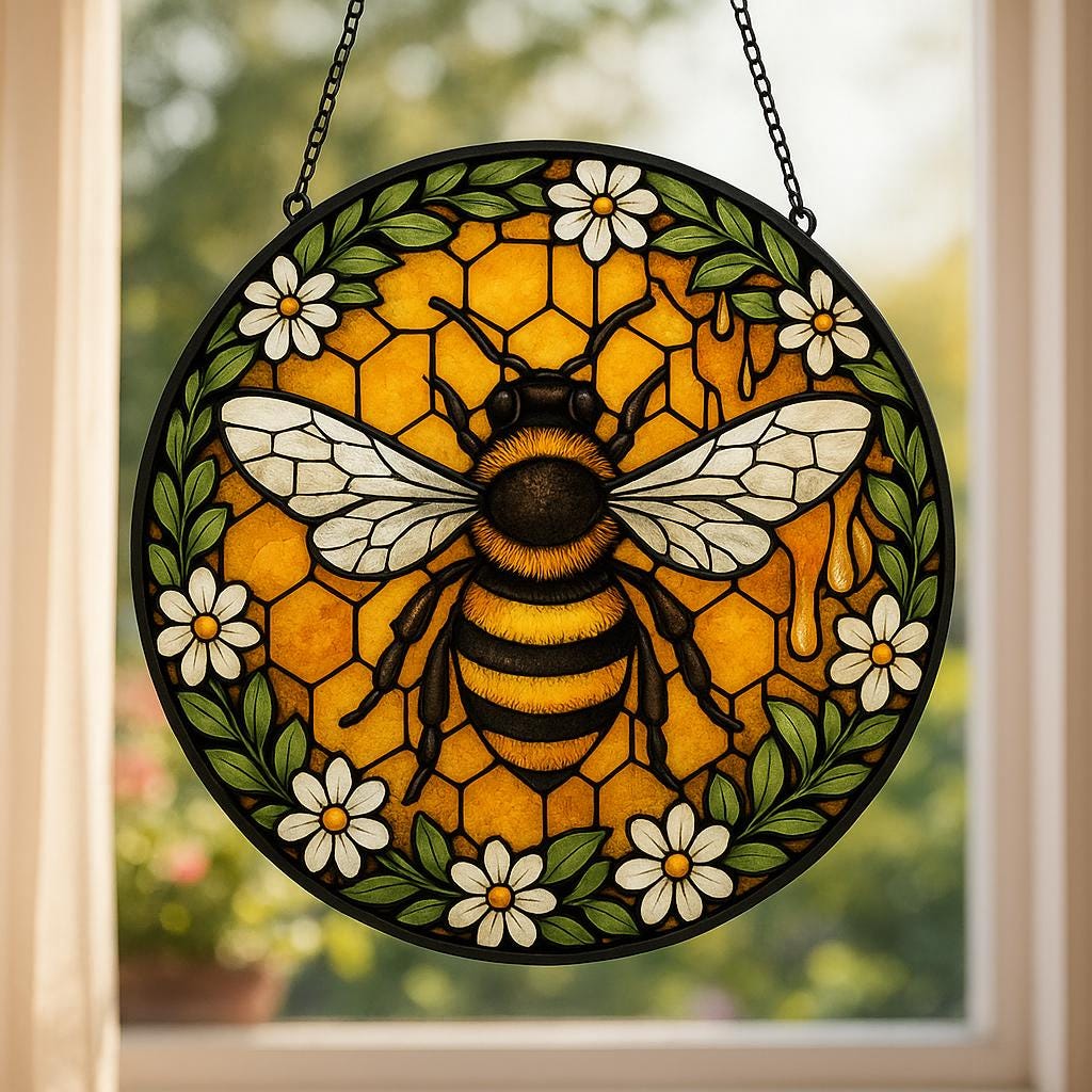 Bee & Wildflower Stained Glass Style Suncatcher: Garden Ornament - product image 1