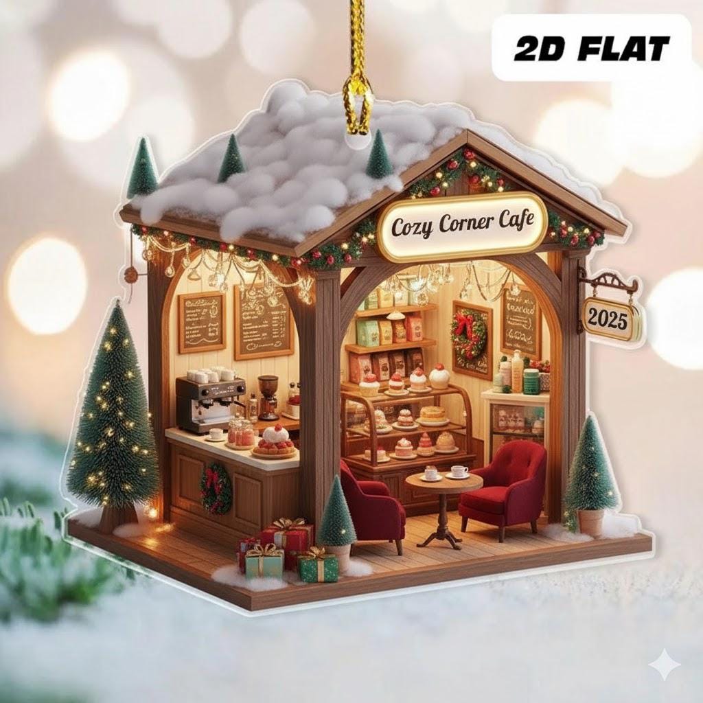 Miniature Christmas Village Bakery Ornament, Floral Cafe Tree Decoration - product image 1