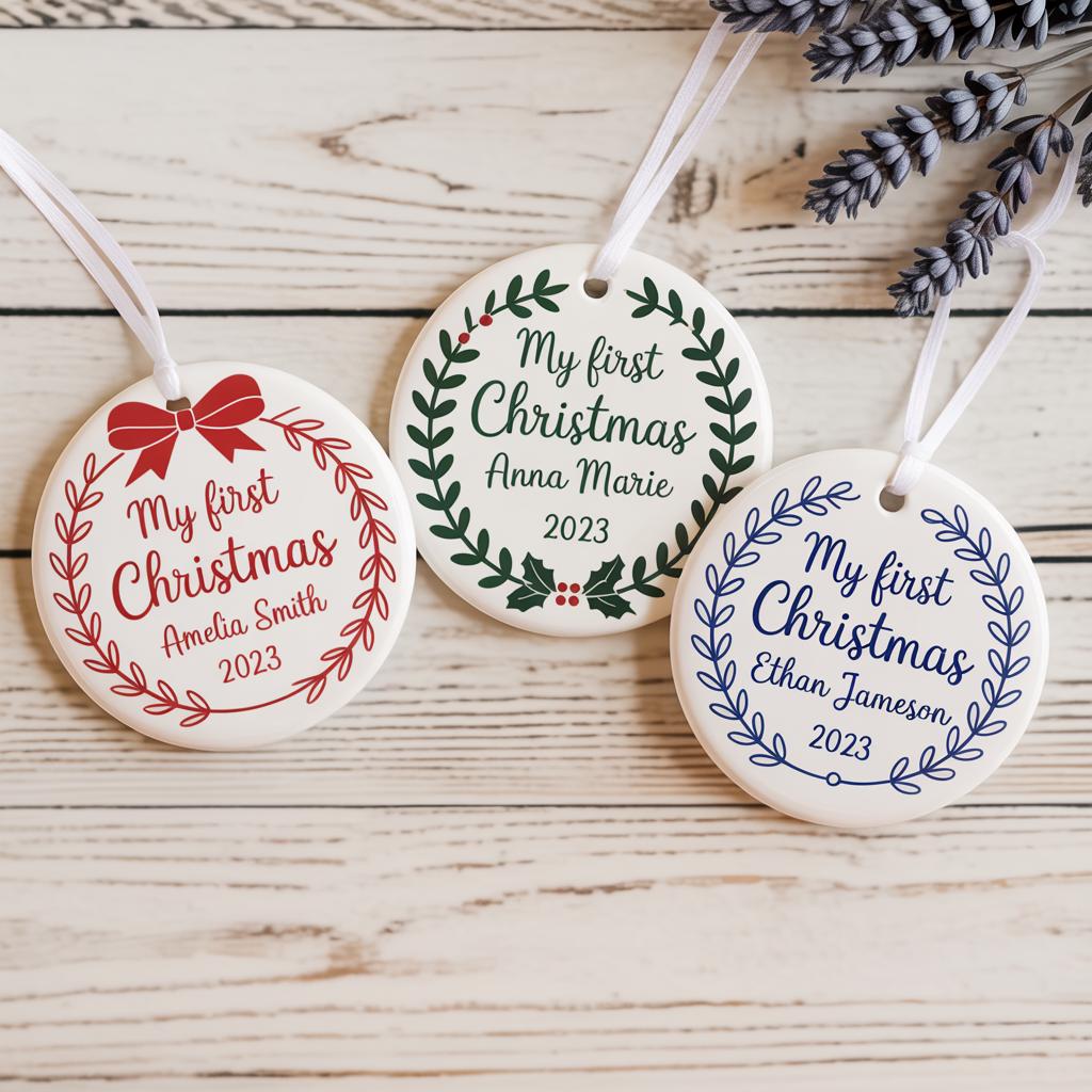 My First Christmas Personalized Ornament: Custom Baby Name Ceramic Ornament Vintage Style - product image 1
