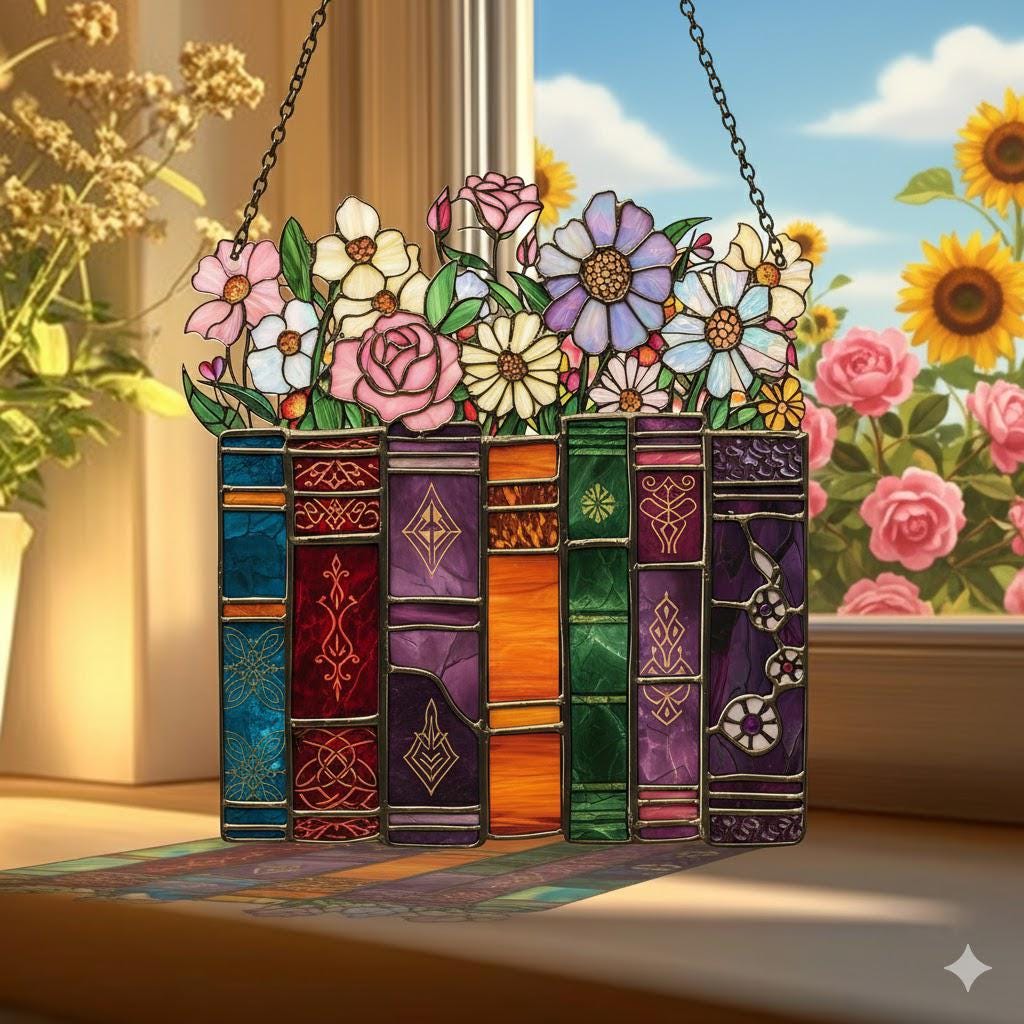 Book Lover Suncatcher – Colorful Books and Flowers Acrylic Window Hanging – Literary Gift for Readers – - product image 1