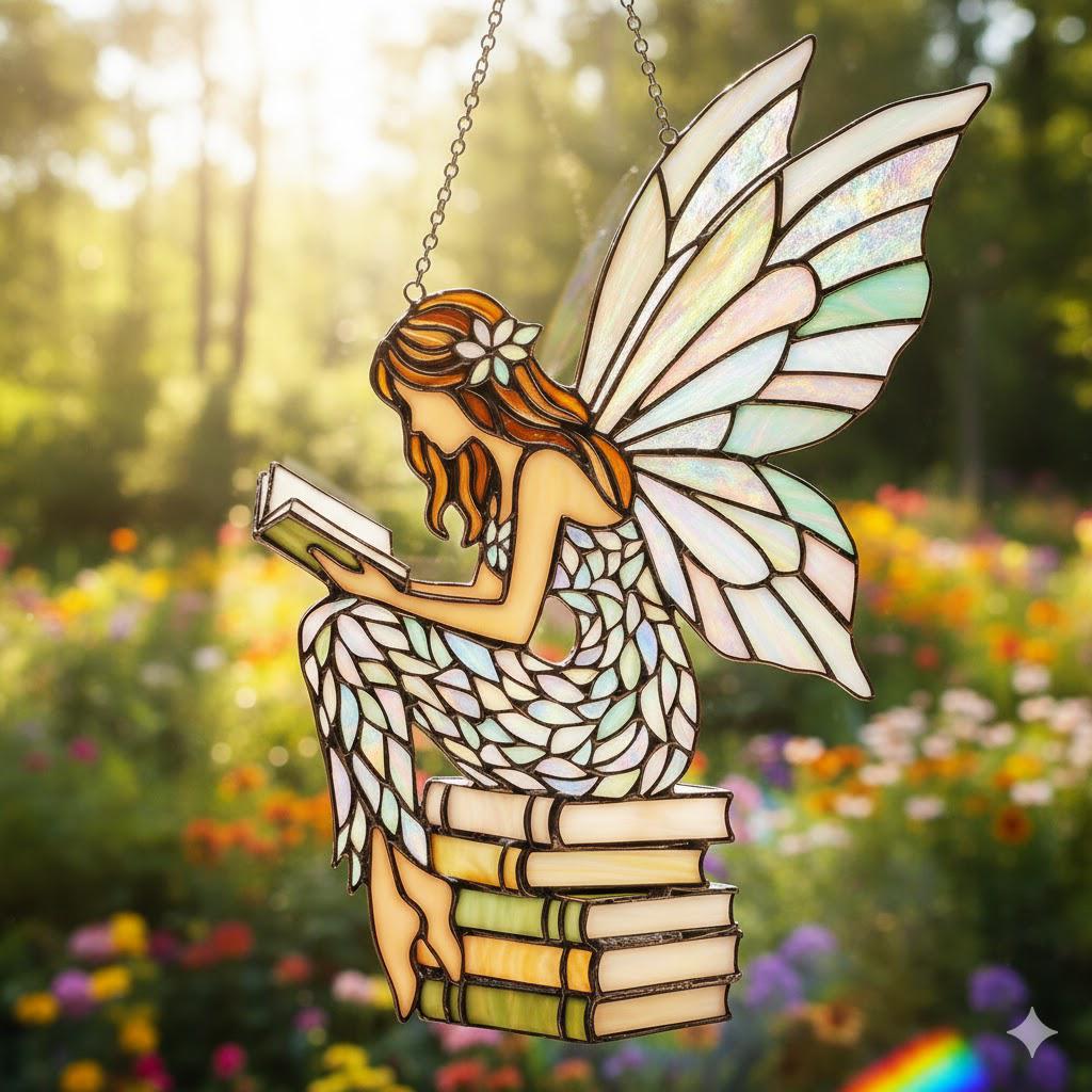 Magical Fairy Suncatcher on Books Stack, Acrylic Stained Glass Window Hanging for Cottagecore, Fantasy - product image 1