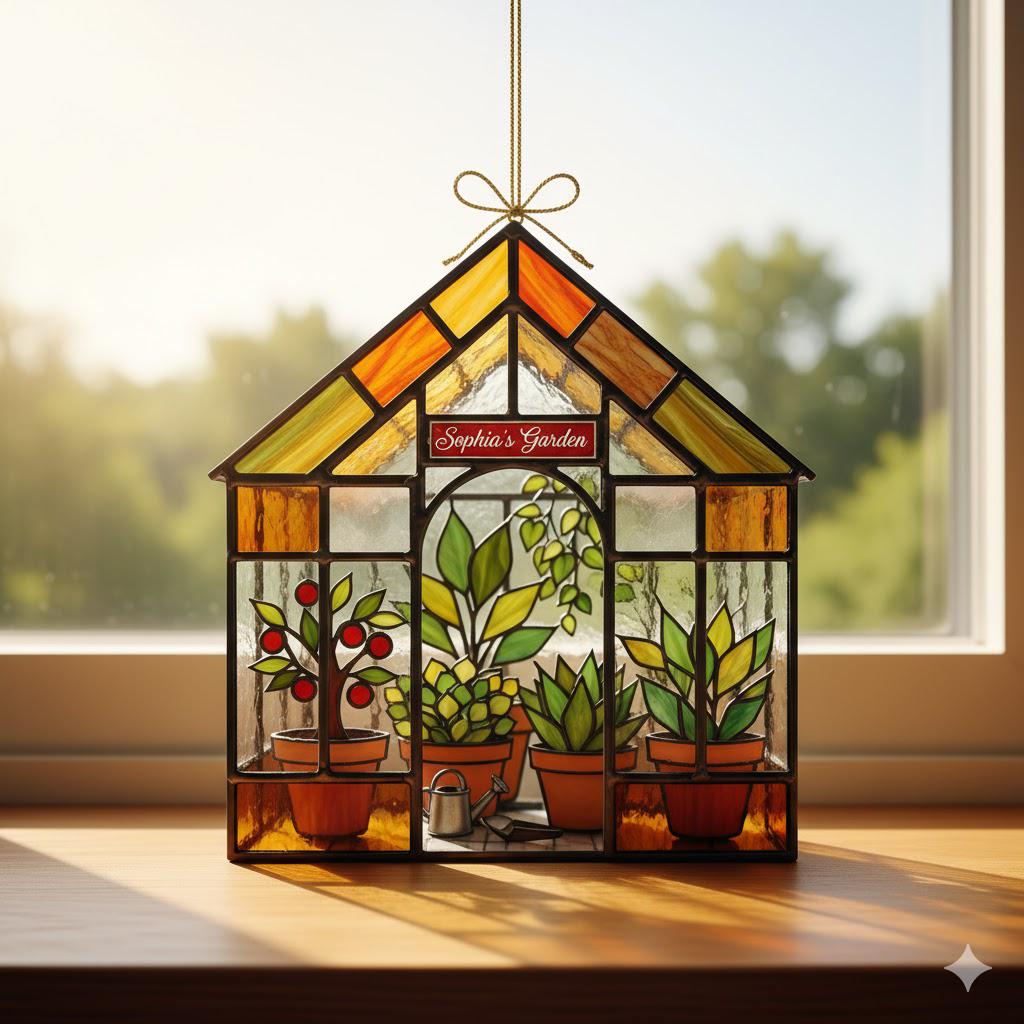 Personalized Greenhouse Faux Stained Glass Acrylic Suncatcher, Plant Ornament, Gift for Plantaholic, Plant - product image 3