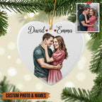 Personalized Ceramic Watercolor Photo Couples Ornament: Engagement Christmas Ornament – main product view