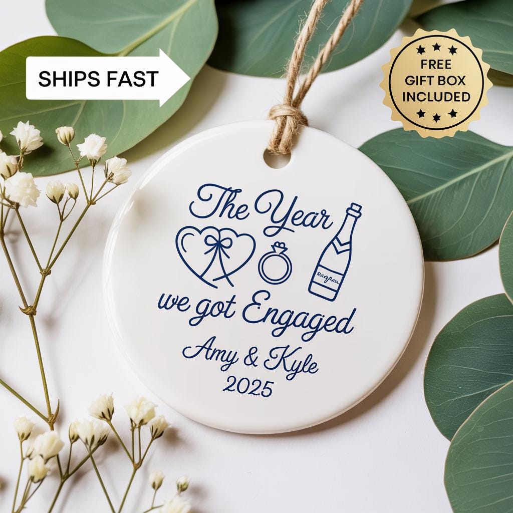 Personalized Engagement Ceramic Ornament, Custom Couple Keepsake - product image 1