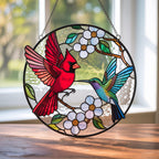 Cardinal & Hummingbird Stained Glass Suncatcher, Floral Window Hanging – main product view