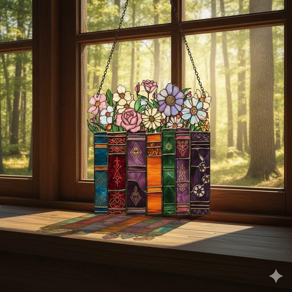 Book Lover Suncatcher – Colorful Books and Flowers Acrylic Window Hanging – Literary Gift for Readers – - product image 3