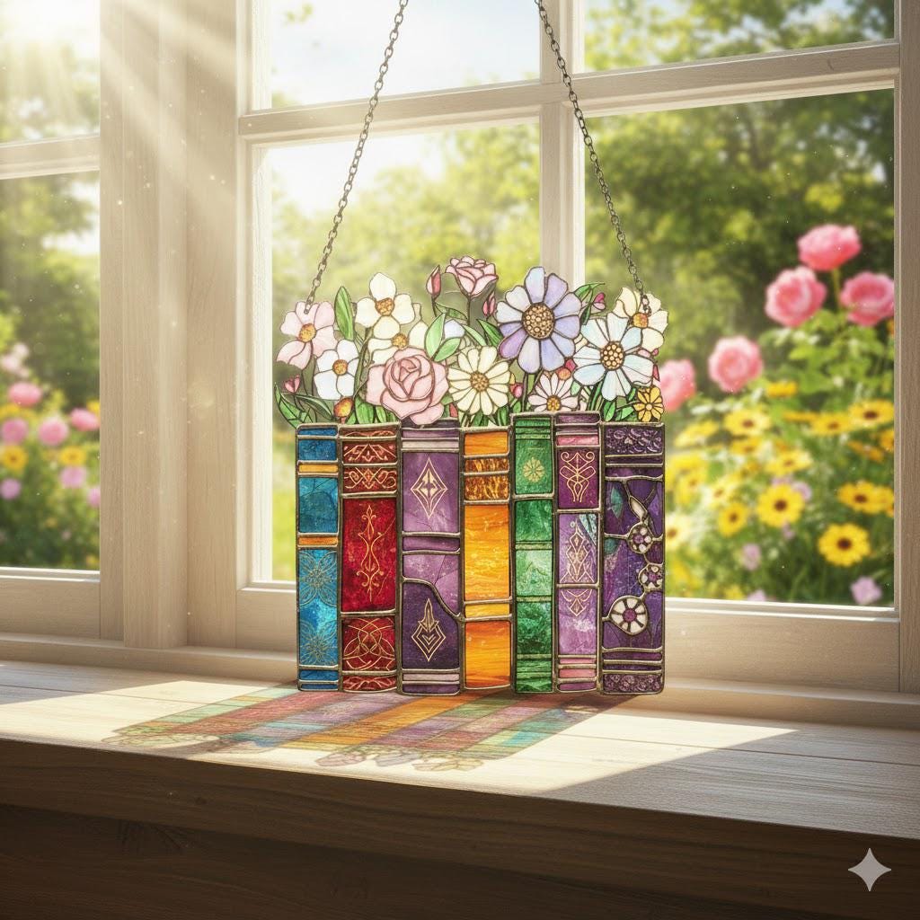 Book Lover Suncatcher – Colorful Books and Flowers Acrylic Window Hanging – Literary Gift for Readers – - product image 2