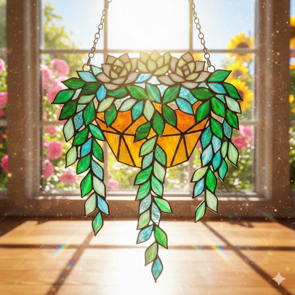 Holographic Succulent Suncatcher: Acrylic Window Decor with Metal Chain - product image 1
