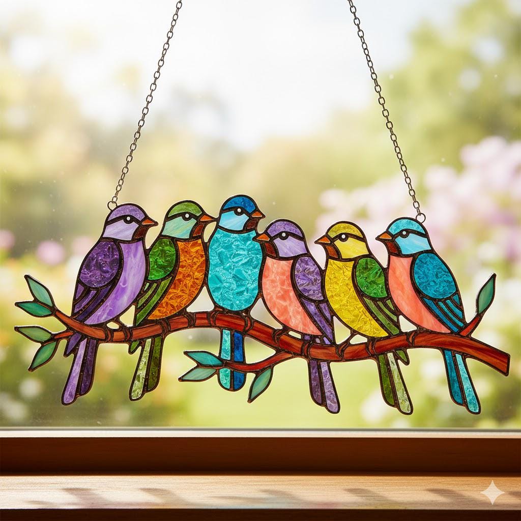 Colorful Birds Acrylic Window Hanging: Fax Stainedless Glass Look, Bird Lover Gift - product image 1