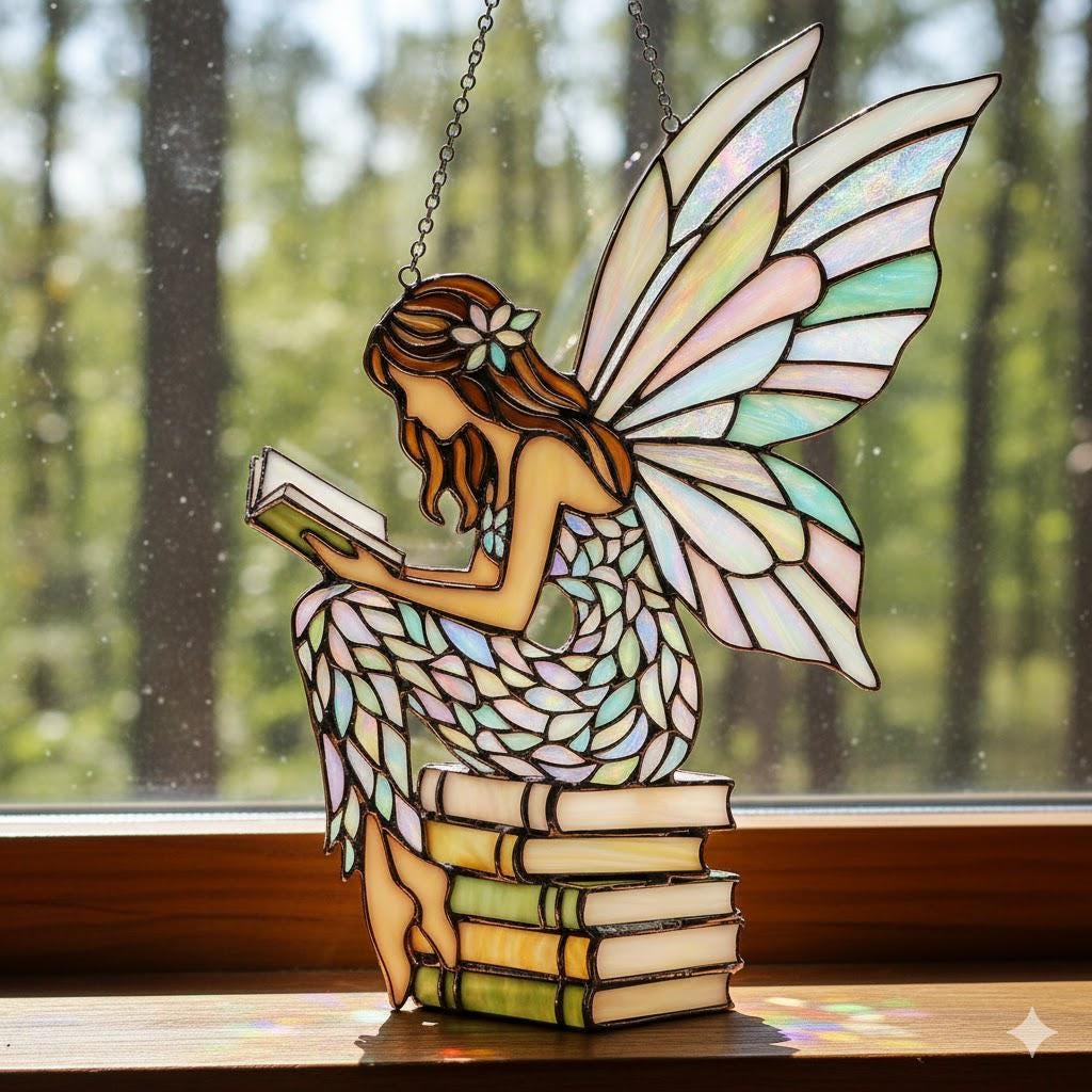 Magical Fairy Suncatcher on Books Stack, Acrylic Stained Glass Window Hanging for Cottagecore, Fantasy - product image 2