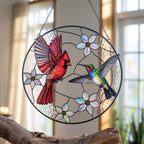 Cardinal & Hummingbird Stained Glass Suncatcher, Floral Window Hanging – main product view