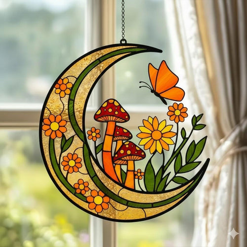 2D Flat Mushroom Crescent Moon Suncatcher – Faux Stained Glass, Fairy Cottage Decor - product image 1