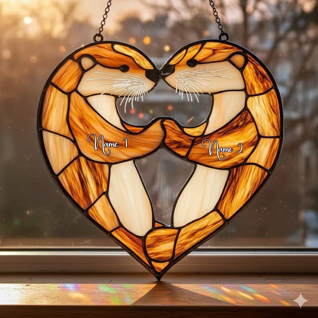 2D Flat Personalized Otter Couple ACRYLIC Suncatcher, Faux Stained Glass Decor - product image 2