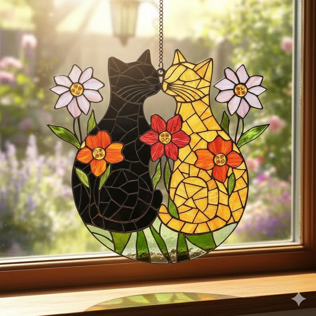 2D Flat Couple Cats Suncatcher – Acrylic Faux Stained Glass Window Hanging - product image 1