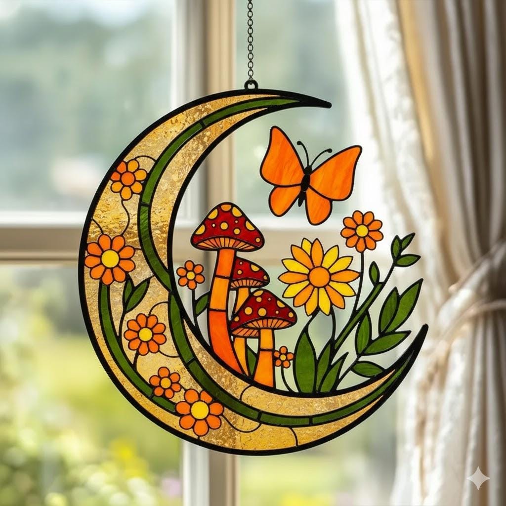 2D Flat Mushroom Crescent Moon Suncatcher – Faux Stained Glass, Fairy Cottage Decor - product image 2