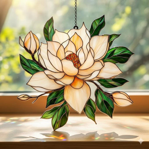 2D Flat Magnolia Flower Suncatcher, Faux Stained Glass Acrylic Window Hanging - product image 1