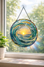 Ocean Wave Stained Glass Suncatcher, Coastal Window Hanging Decor – product photo 2