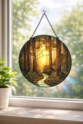 Sunlit Forest Glass Suncatcher, Red Wood Frame, Nature Window Decor - product image 1