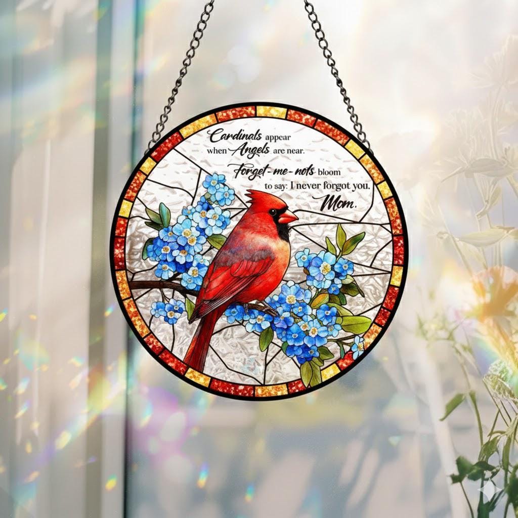 Cardinal Glass Suncatcher, Forget Me Not Memorial Window Hanging - product image 1