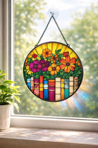 Floral Bookcase Stained Glass Suncatcher - Teacher Gift – main product view