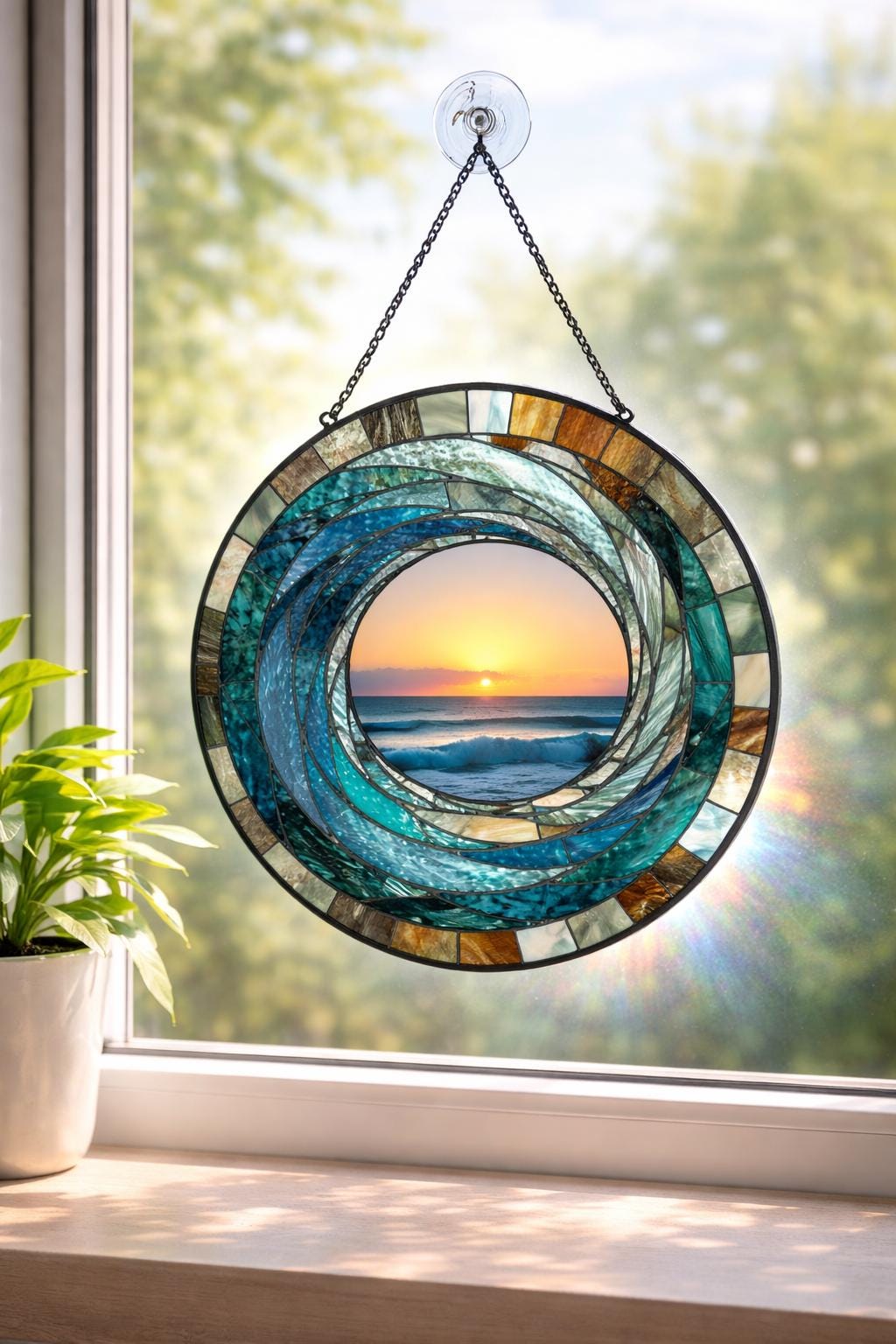 Ocean Wave Stained Glass Suncatcher, Coastal Beach House Decor - product image 1