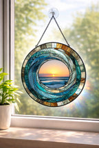 Ocean Wave Stained Glass Suncatcher, Coastal Beach House Decor – main product view