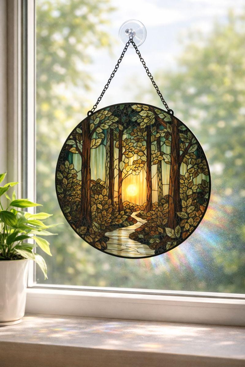 Sunlit Forest Stained Glass Suncatcher, Nature Window Hanging - product image 1