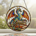 Dragon & Books Stained Glass Suncatcher, Fantasy Window Hanging - product image 1
