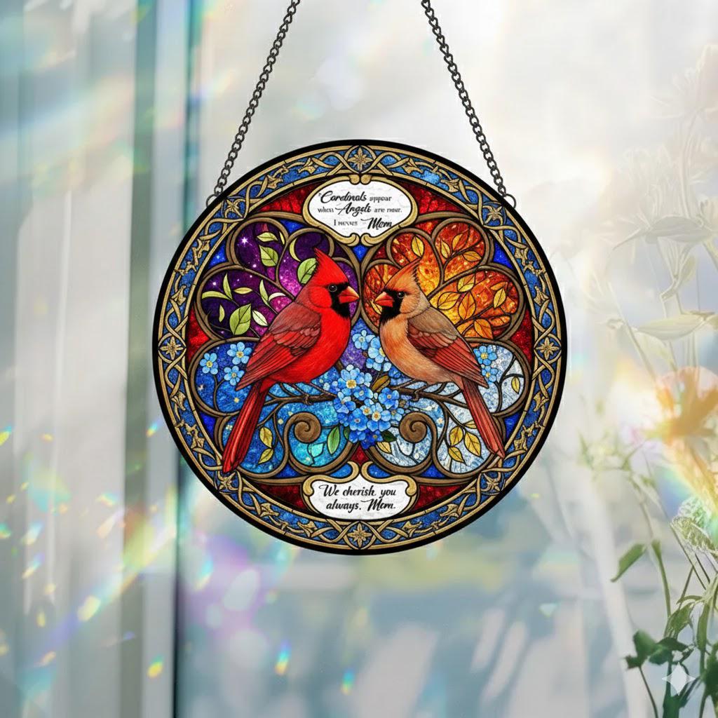 Cardinal Glass Suncatcher, Forget Me Not Memorial Gift for Mom - product image 1