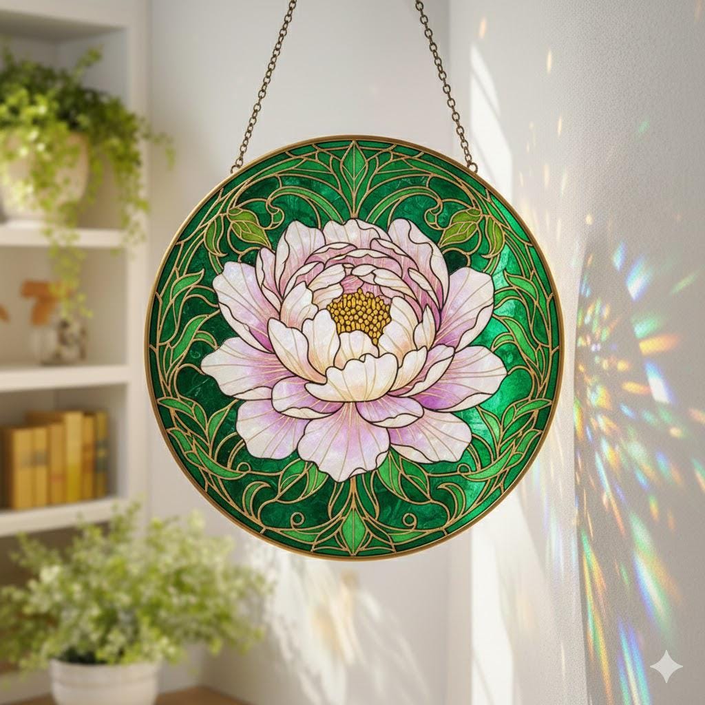 Peony Stained Glass Suncatcher – Art Nouveau Floral Window Hanging Home Decor - product image 1