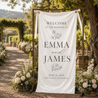 Personalized Wedding Welcome Banner, Satin Fabric Sign With Ribbon – main product view