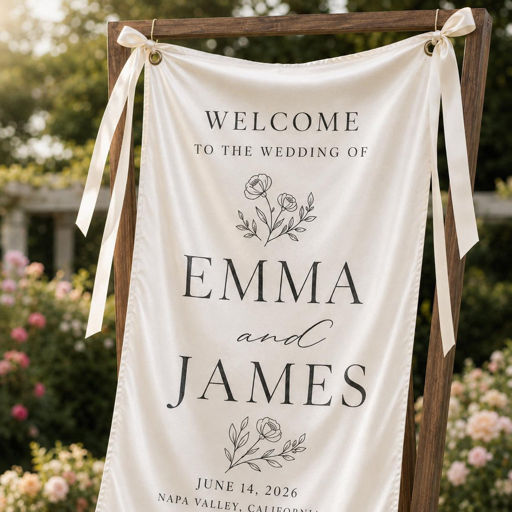 Personalized Wedding Welcome Banner, Satin Fabric Sign With Ribbon - product image 9