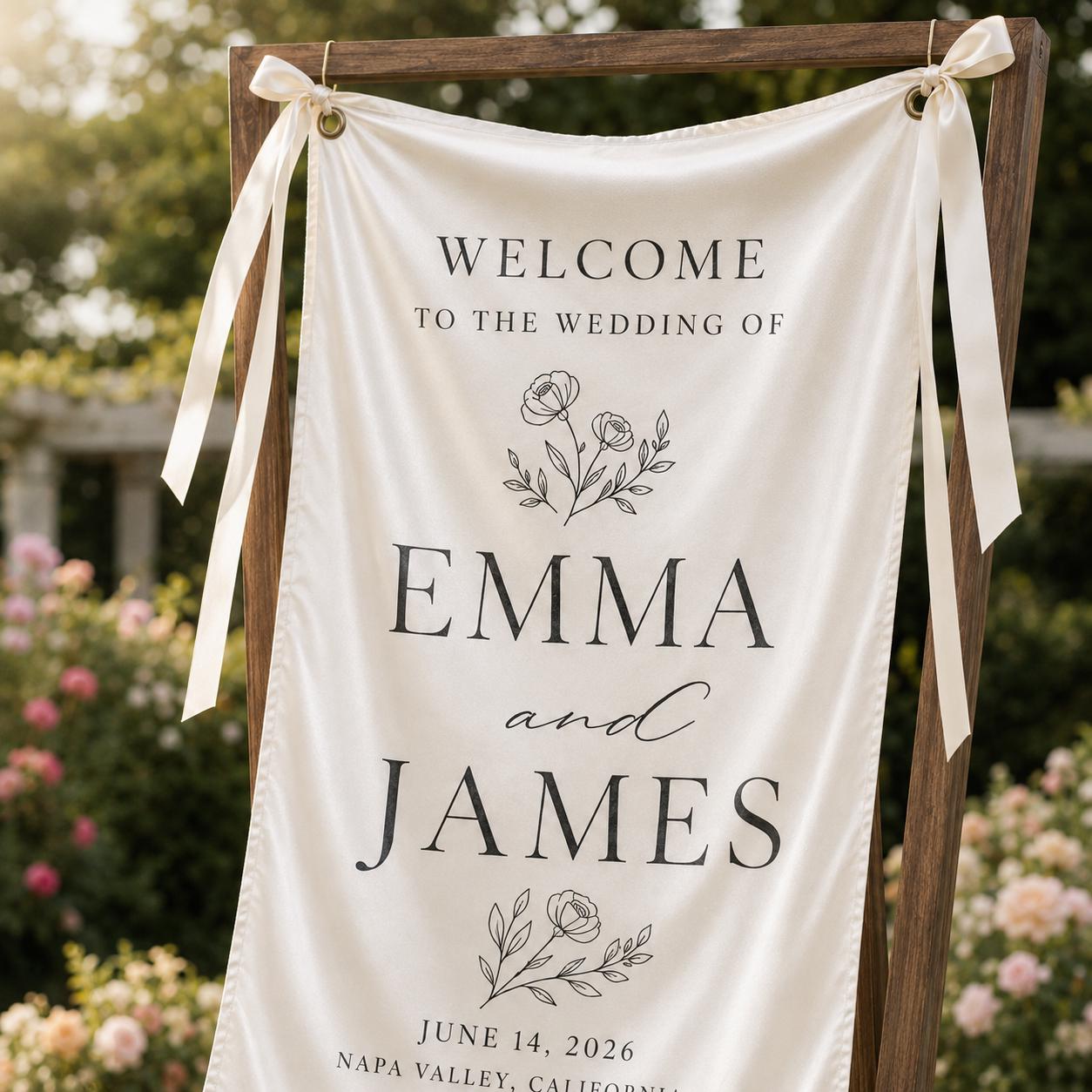 Personalized Wedding Welcome Banner, Satin Fabric Sign With Ribbon - product image 9
