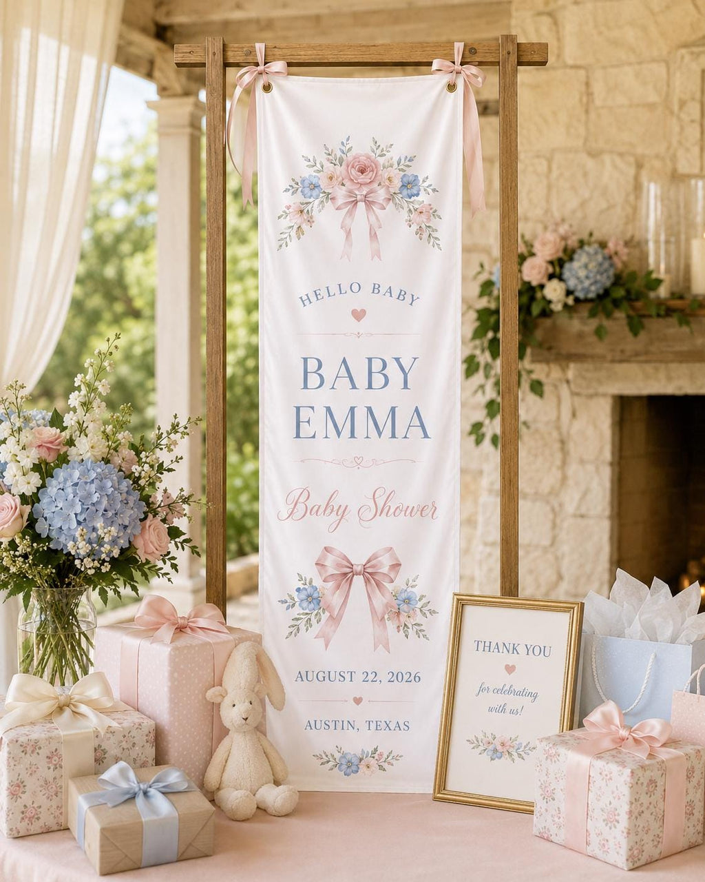 Personalized Baby Shower Welcome Banner, Floral Satin Fabric Sign With Ribbon - product image 7